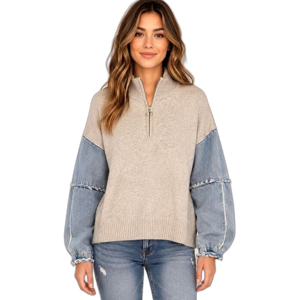Debut Mixed Media Denim Sleeve Sweater Quarter Zip Oversized S/M Slouchy Relaxed